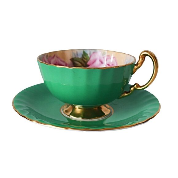 Aynsley Green & Gold Bone China Teacup & Saucer Set With Pink Cabbage Rose - Picture 5 of 10
